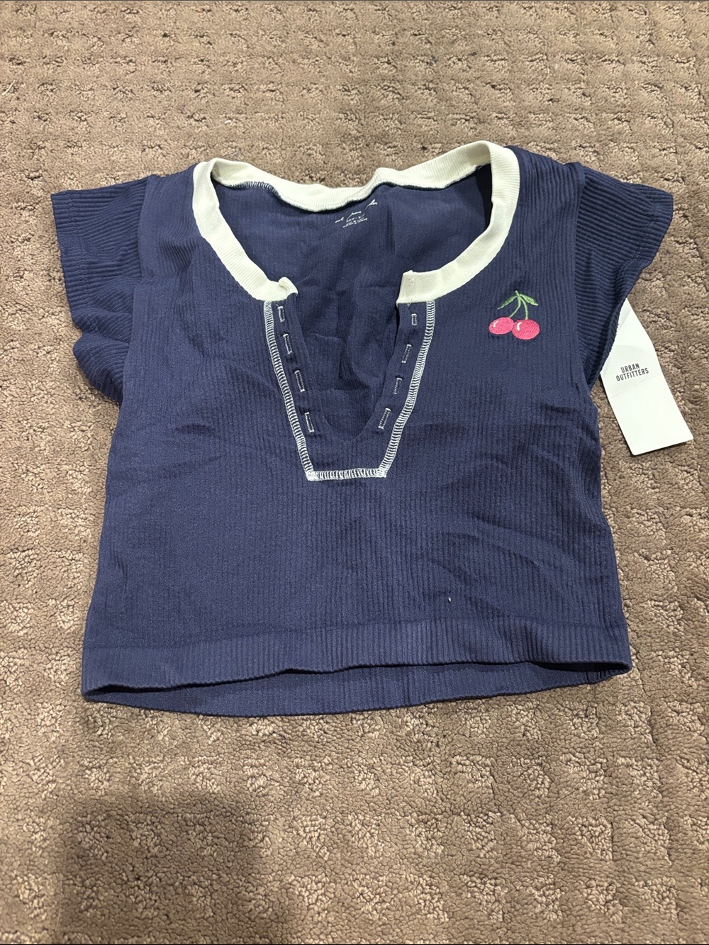 Urban Outfitters Navy Short Sleeve Top with Cherry Embroidery
